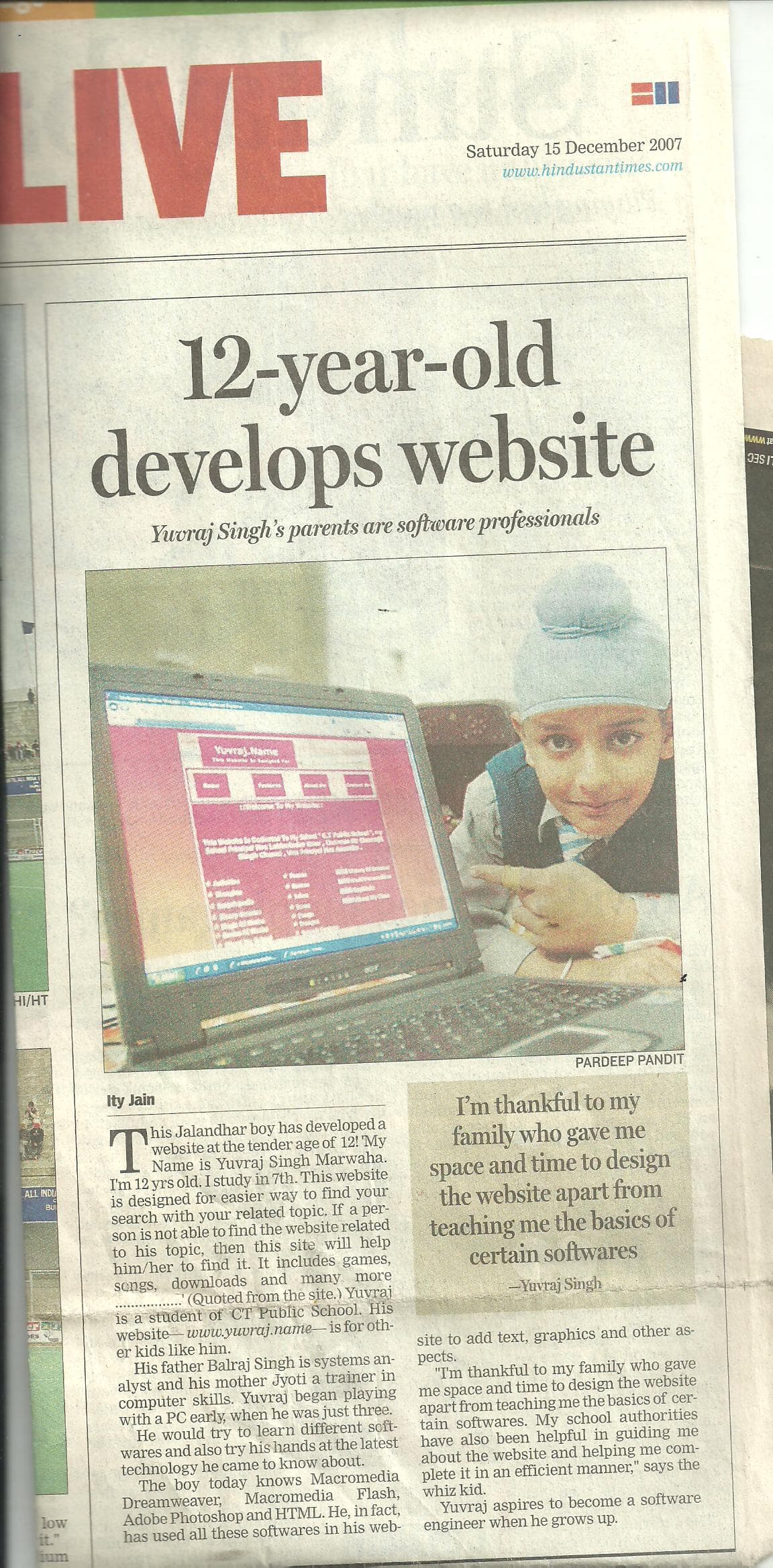 Hindustan Times clipping: 12-year-old develops website
