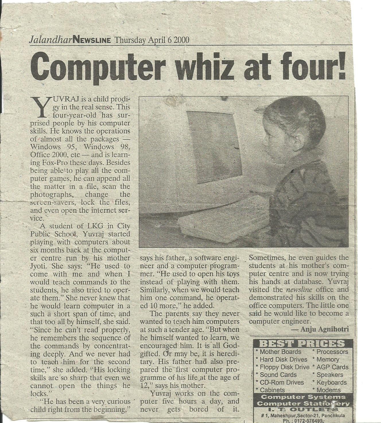 Jalandhar Newsline clipping: Computer whiz at four!